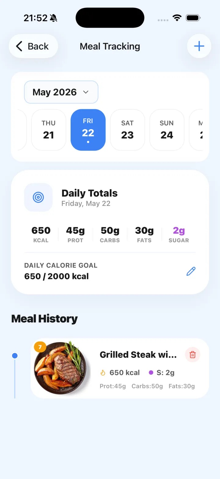 Meal tracking screen showing daily calories and macros