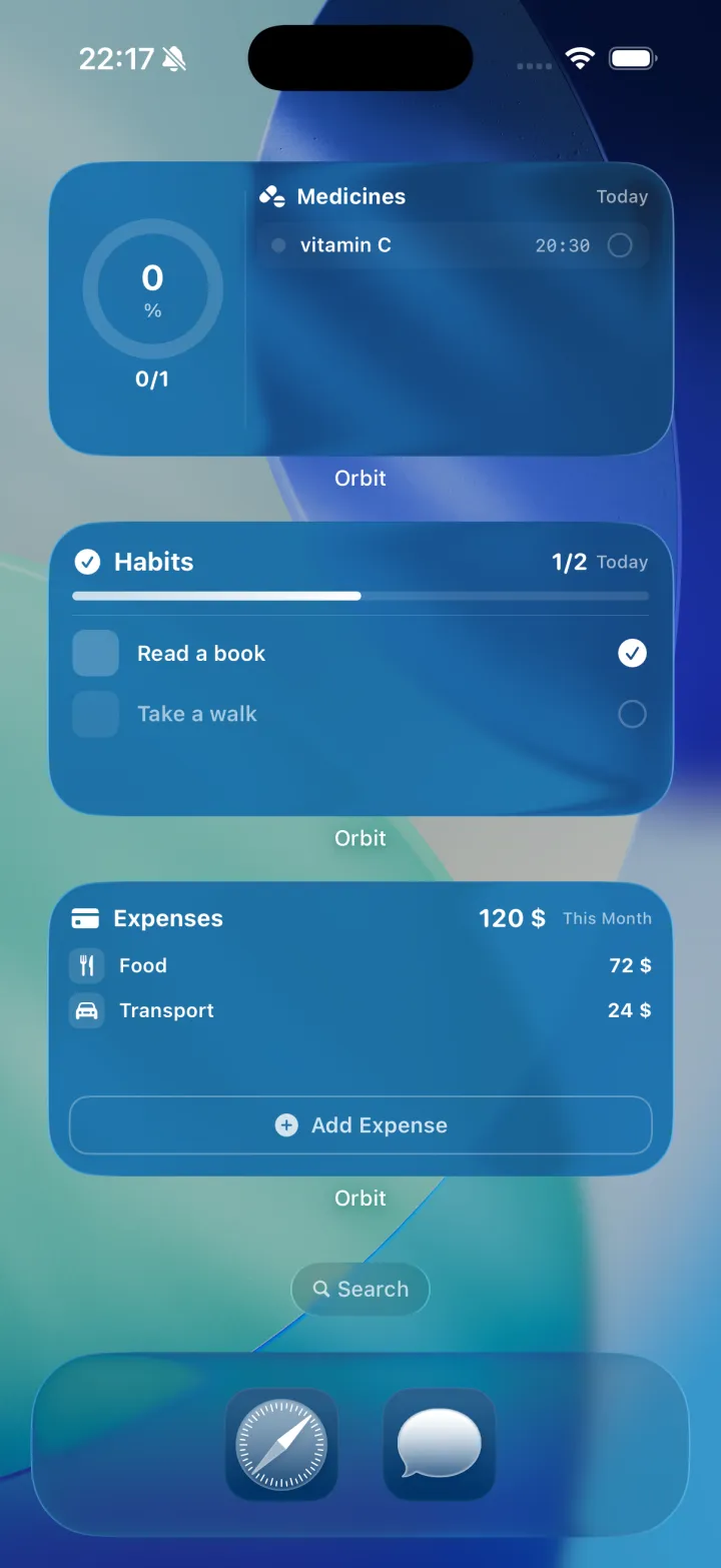 iPhone Home Screen with Orbit widgets for medicines, habits and expenses
